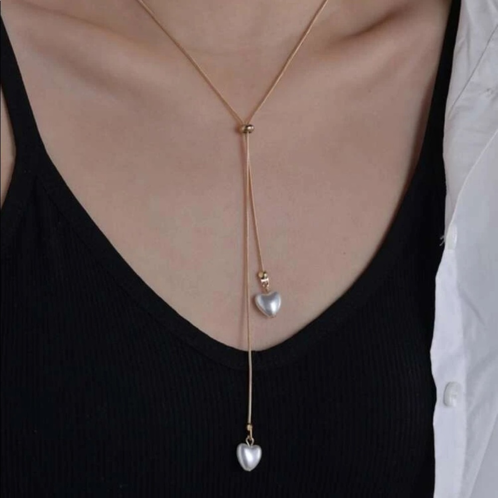 🎉 New Heart Pearl Gold Adjustable Lariat Necklace